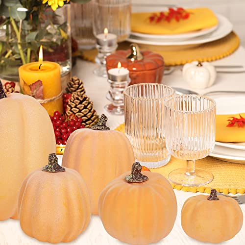 7 Pcs Assorted Sizes Artificial Fall Pumpkins Faux Orange Pumpkins Decorative Pumpkins Foam Pumpkins for Gifts Fall Baby Shower Wedding Thanksgiving Halloween Table Centerpiece Mantel Decor