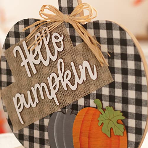 Fall Hello Pumpkin Sign Decorations, 12&#x22;/30CM Wooden Autumn Buffalo Plaid Tabletop Decor, for Home Farmhouse Living Room Harvest Day Thanksgiving Decor.