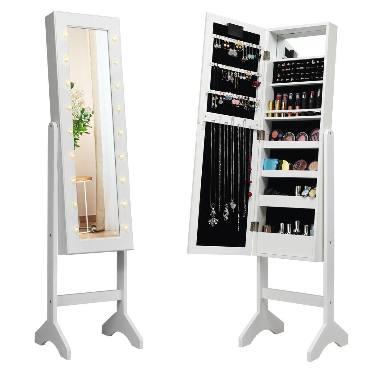 Freestanding Jewelry Organizer Cabinet Armoire with LED Lights and Full Length Mirror