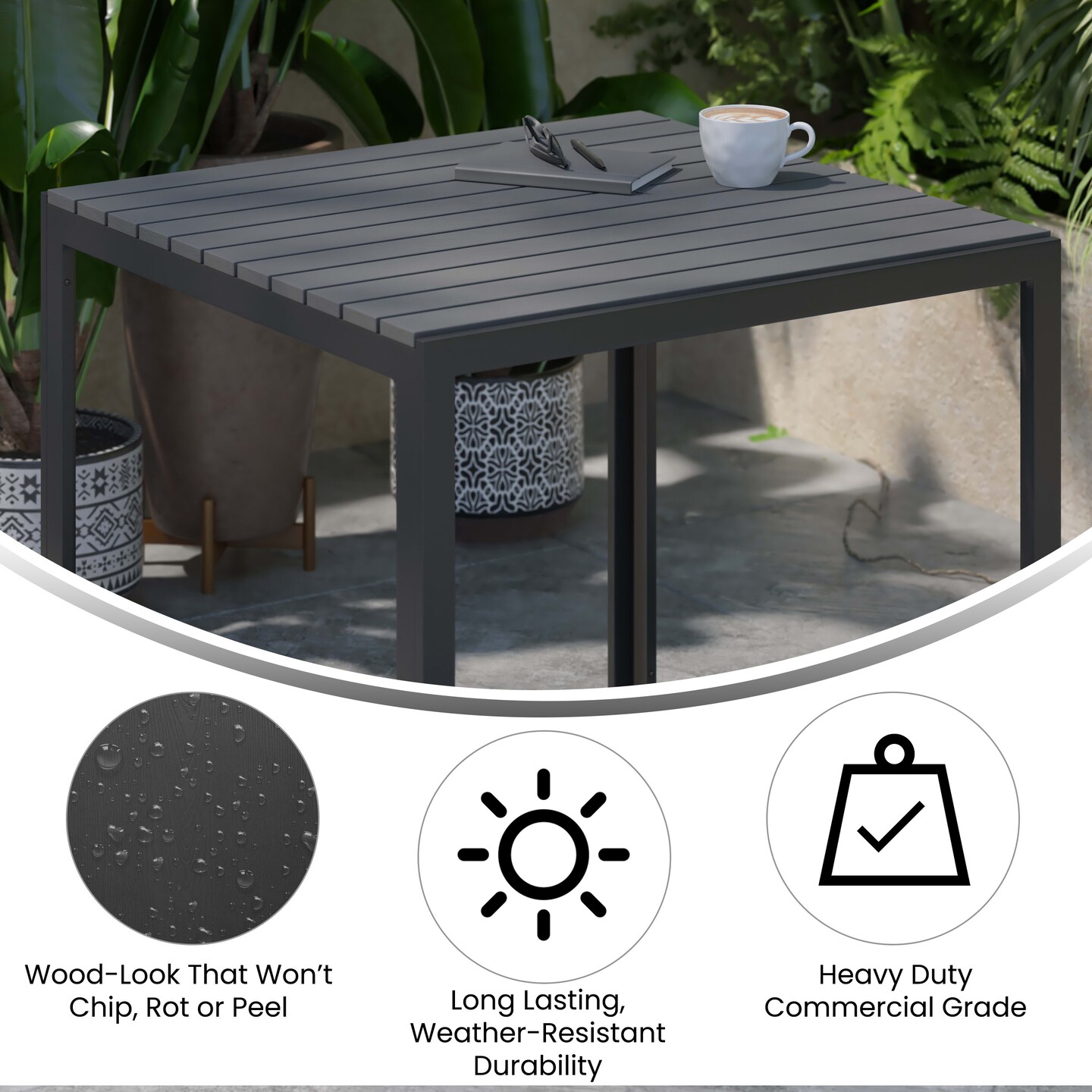 Merrick Lane Tristan All-Weather Indoor/Outdoor Square Patio Dining Table for 4 with Steel Frame and Poly Resin Slatted Top