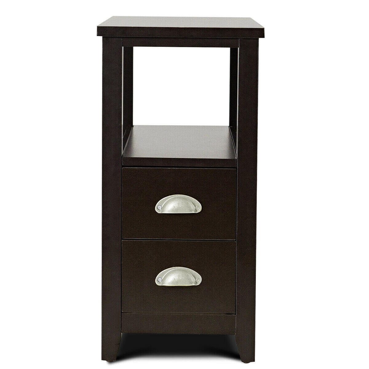 End Table Wooden with 2 Drawers and Shelf Bedside Table-Dark Brown