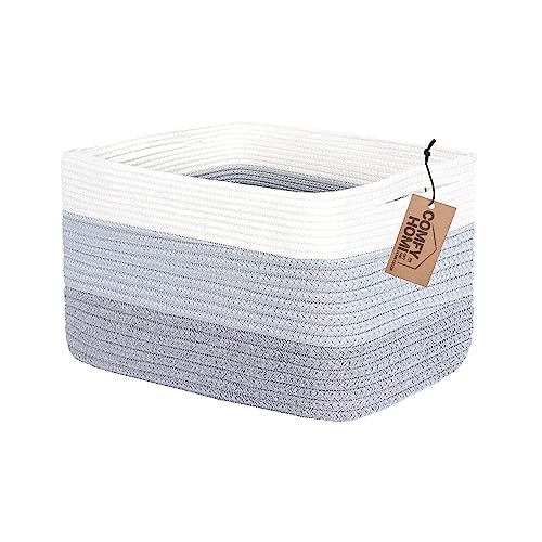 COMFY-HOMI Cotton Rope Woven Basket With Handles for Shelves, Toy, Book, Cloth Storage Basket for Organizing|NEW 13.5" x 11" x 9.5" Decorative Nursery Cube Bin for Living Room(White/3-Tone Grey)