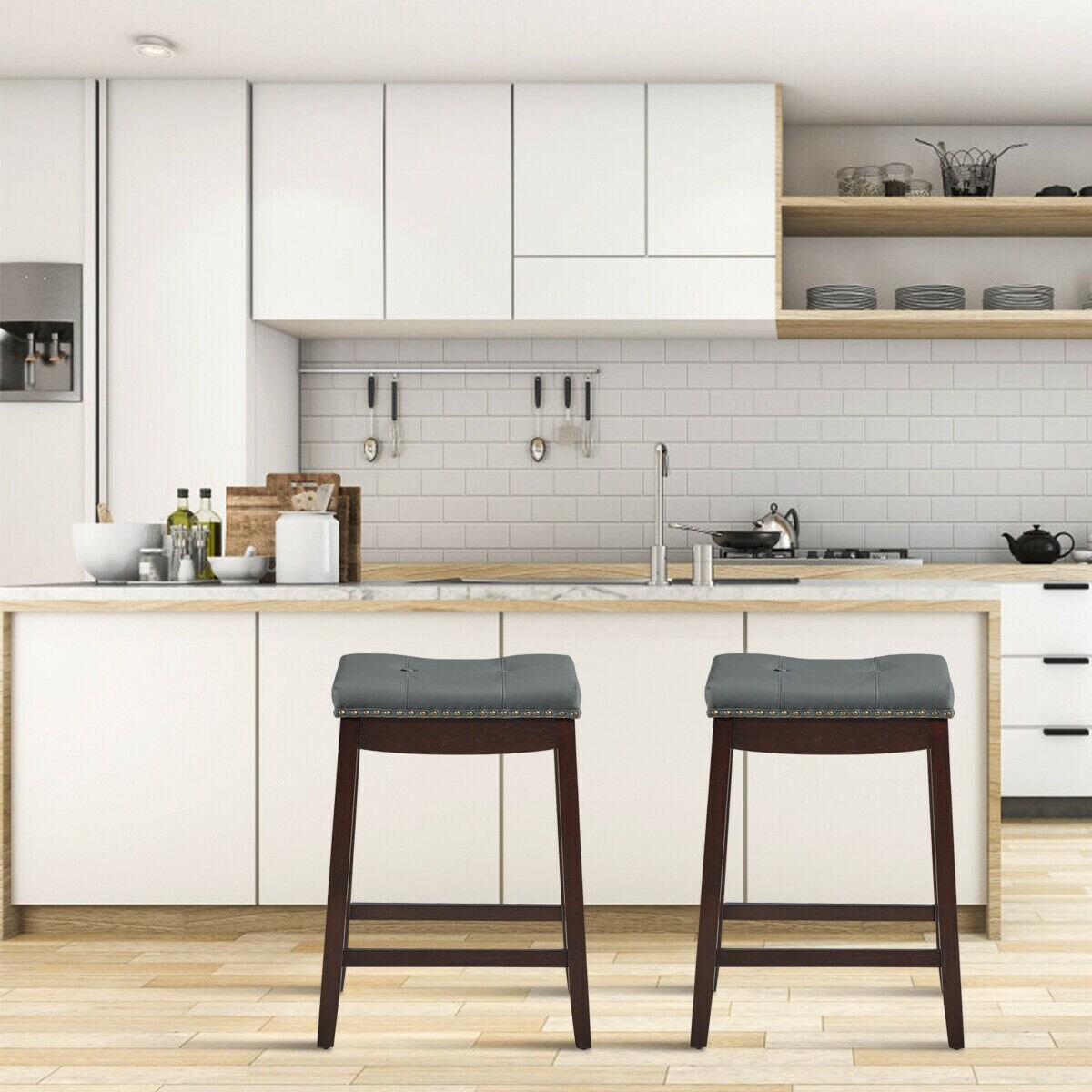 Set of 2 Backless Bar Stools with Nail head Padded Saddle Seat and Rubber Wood Legs