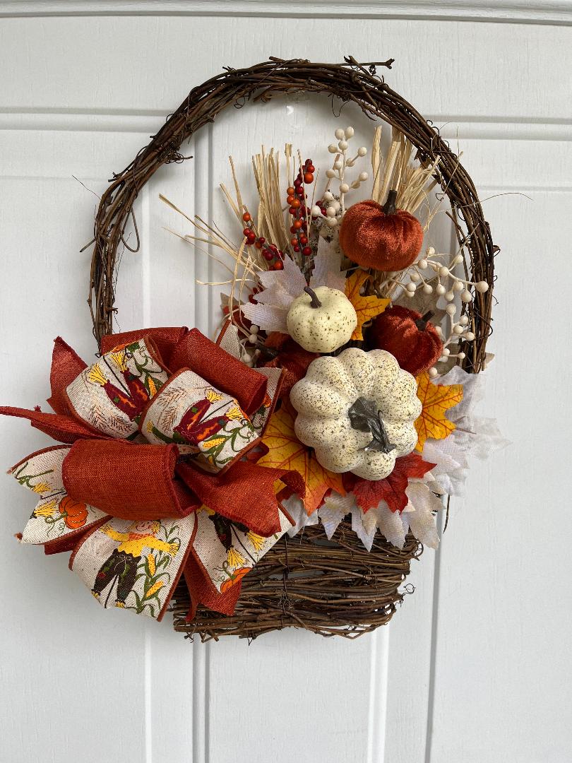 Fall wreath, non-traditonal door top hanger, fall decor, pink, blue, silver, cotton wreath, thanksgiving wreath, welcome, gift idea