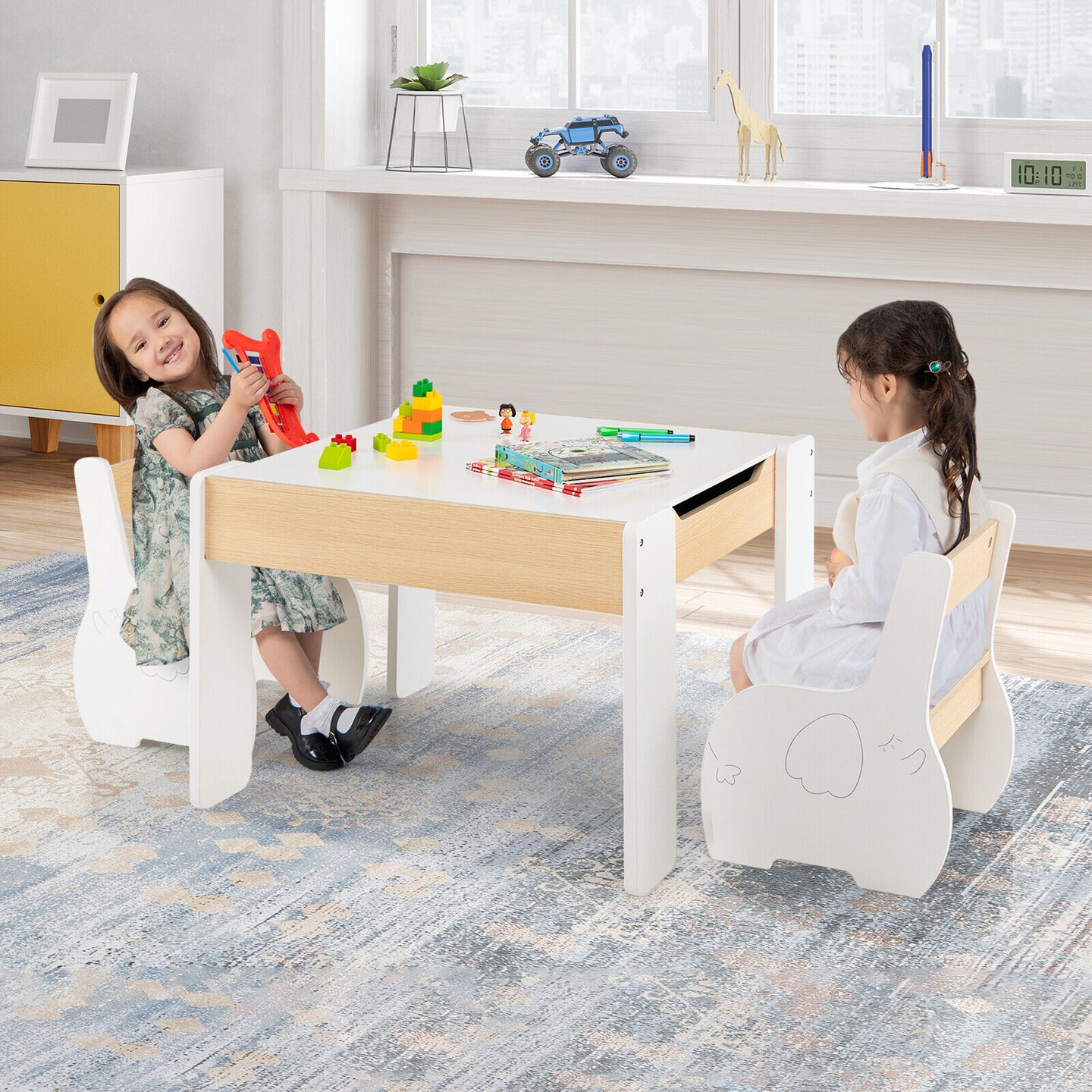 4-in-1 Wooden Activity Kids Table and Chairs with Storage and Detachable Blackboard-White