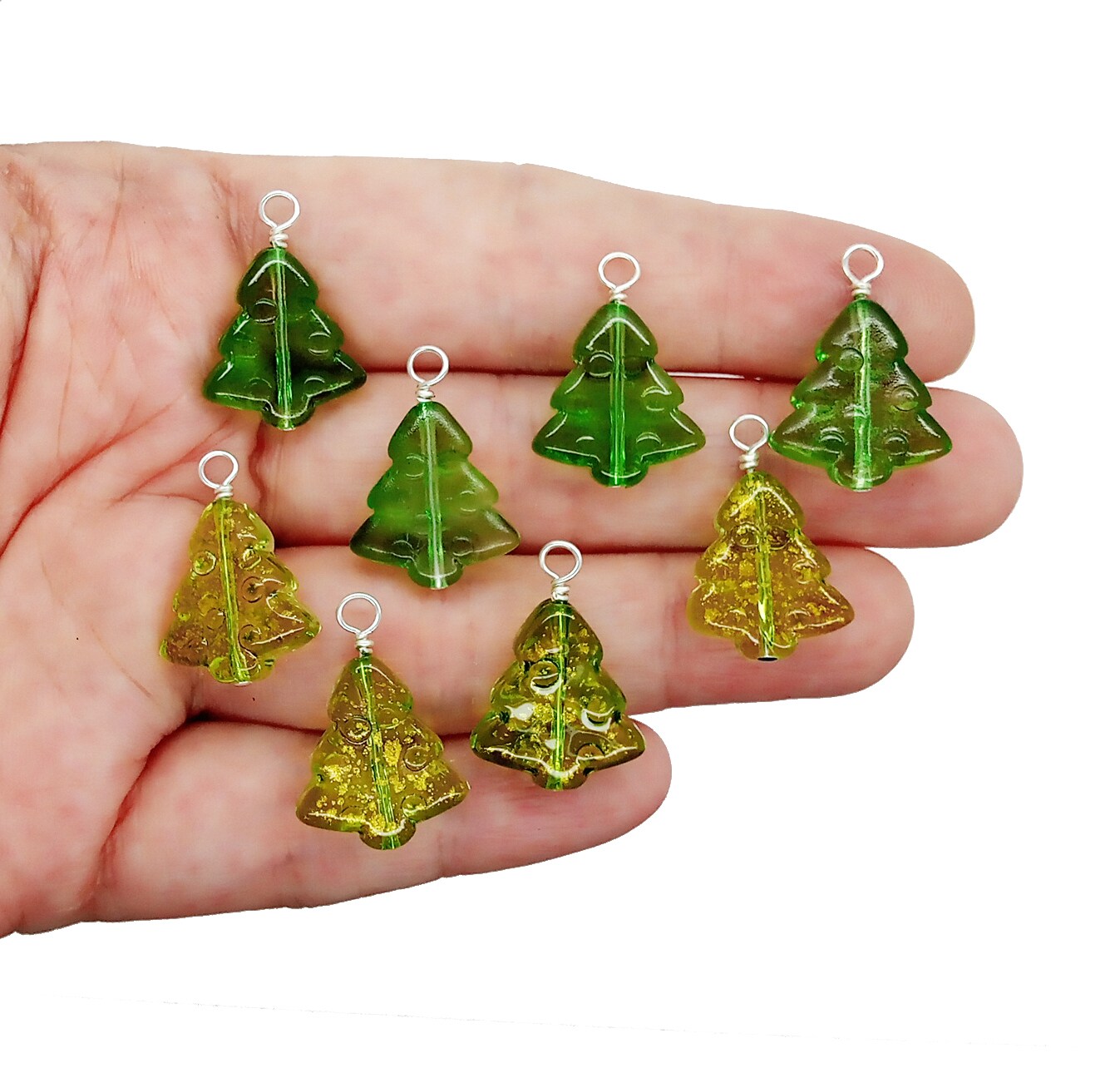 Christmas Tree Glass Bead Charms, 8 pieces, Green Pine Tree Dangles, Adorabilities
