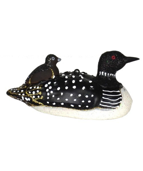 GC Home &#x26; Garden 5.63&#x201D; Black and Brown Mother Loon with Baby Hand Blown Glass Hanging Figurine Ornament