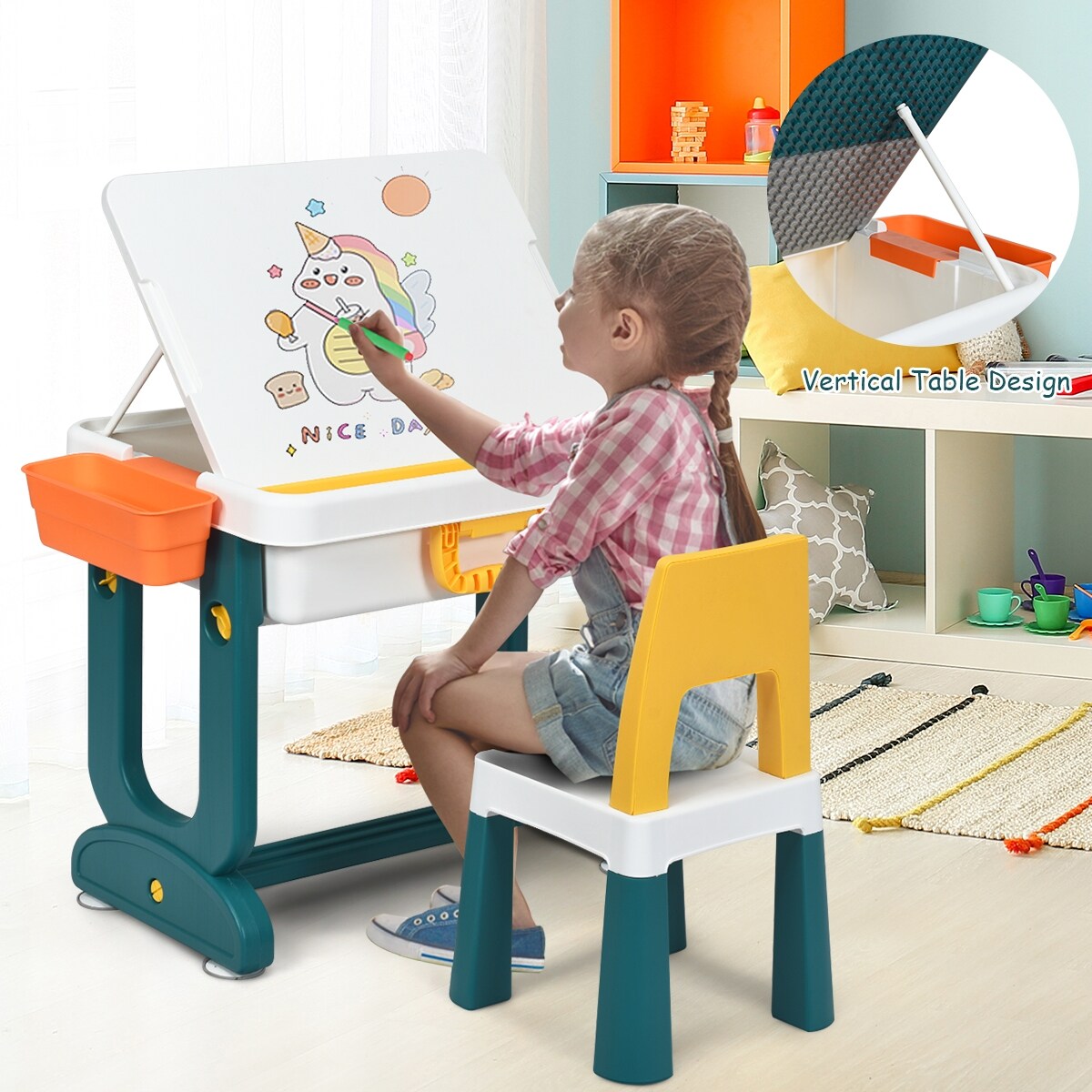 5 in 1 Multi-functional Kids Table and Chair Set with Storage Baskets and Tilted Drawing Board