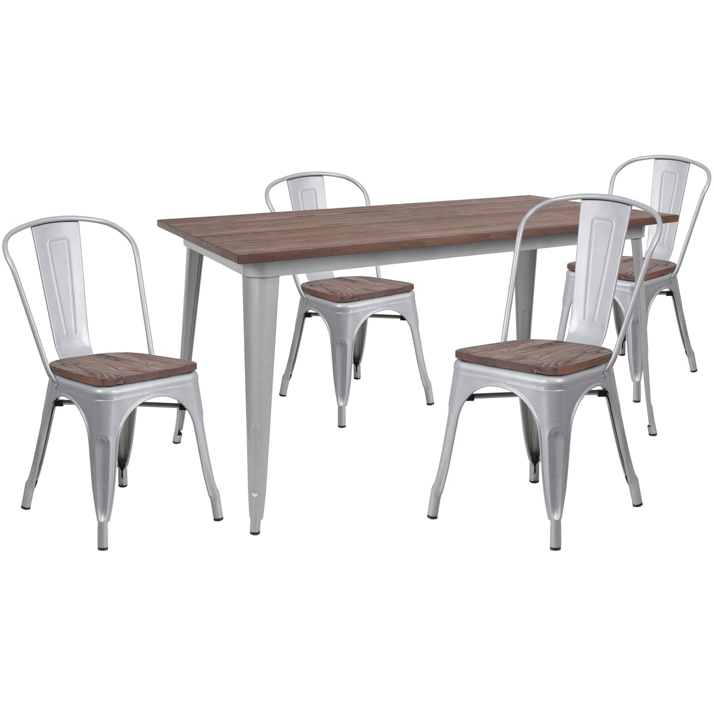 Emma and Oliver 30.25&#x22; x 60&#x22; Metal/Wood Table Set - 4 Stack Chairs