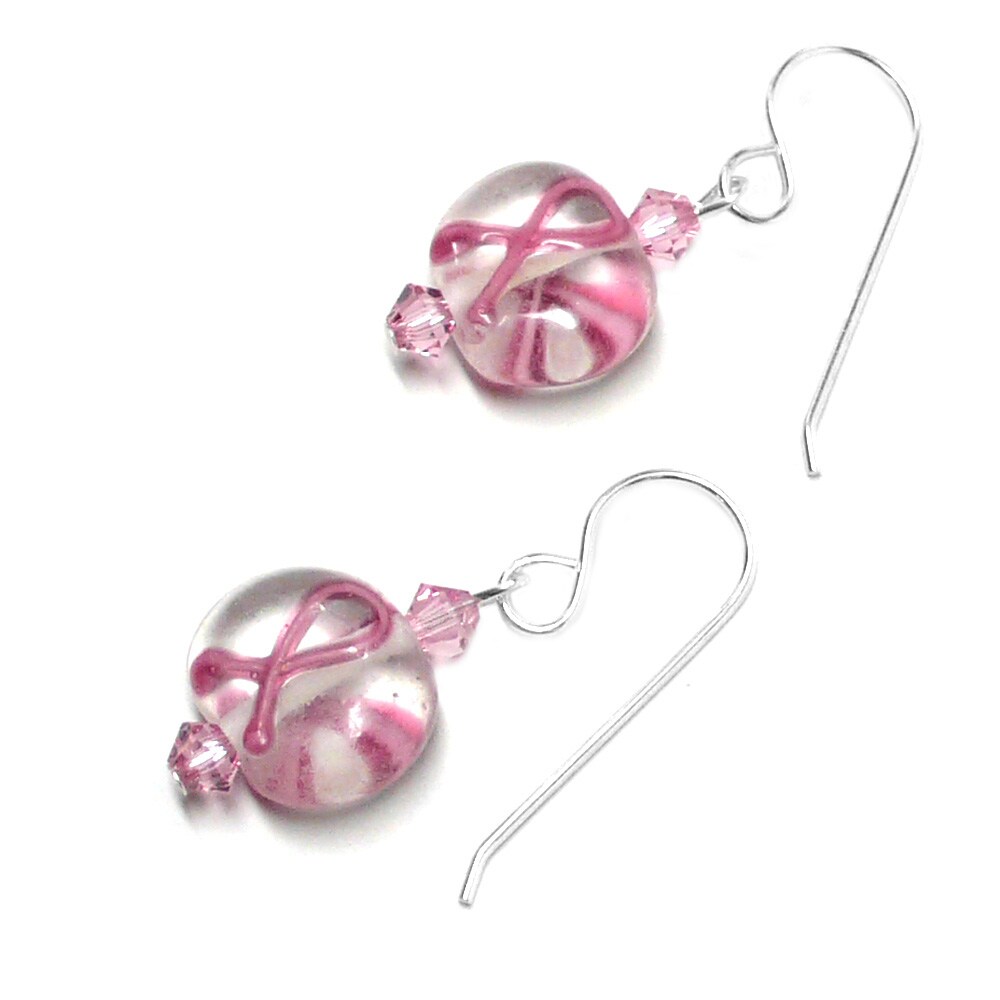 Pink Ribbon Breast Cancer Awareness Earrings Lamp Work Clear Glass Sterling  Silver