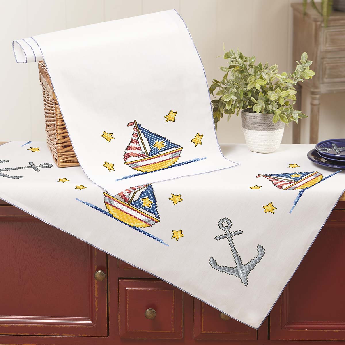 Herrschners  Sailing the Sea Table Topper &#x26; Runner Stamped Cross-Stitch