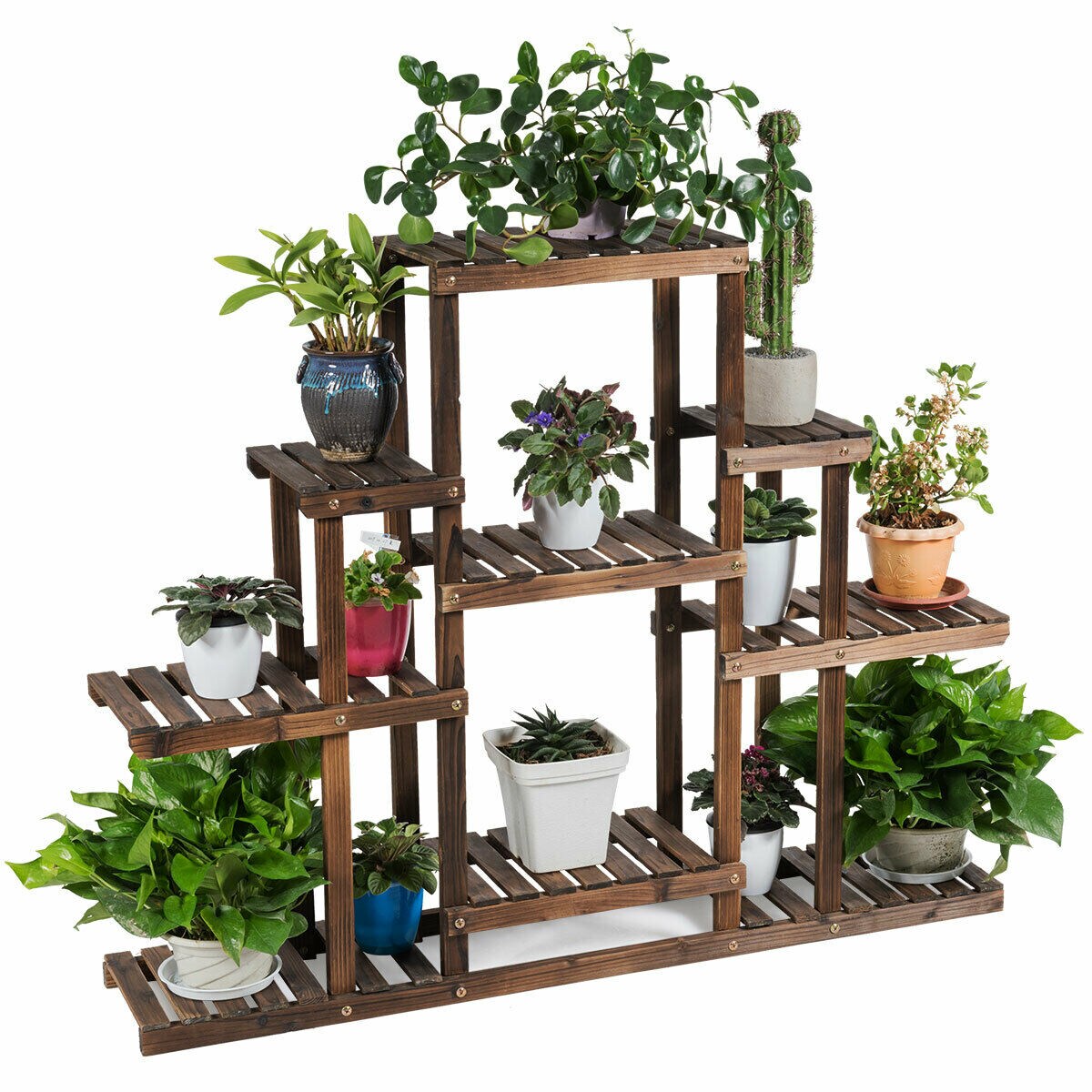 Carbon Baking 6-Tier Solid Wood Plant Stand Indoor Outdoor Flower Pot Rack