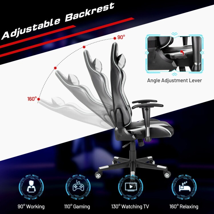 Gaming Chair Adjustable Swivel Racing Style Computer Office Chair-White