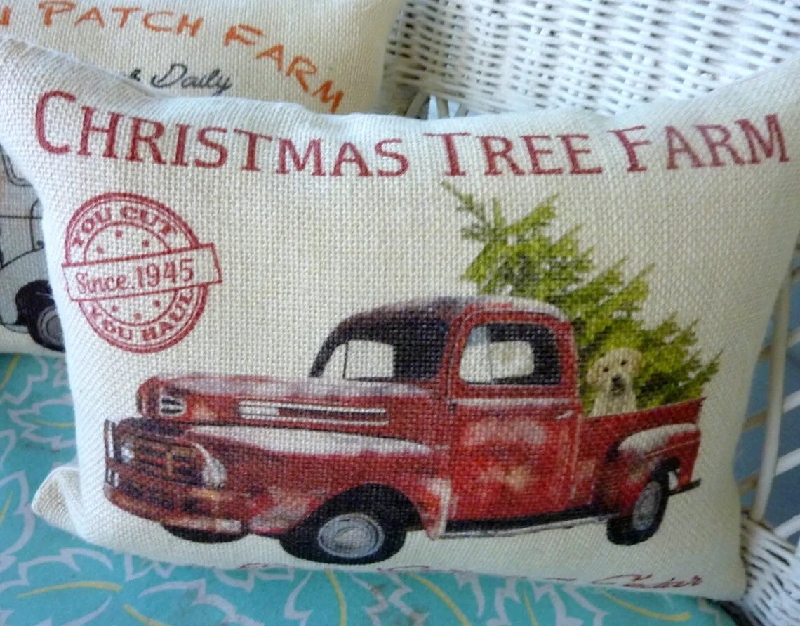 Vintage Red Truck Christmas Pillow Burlap Pillow cover Farmhouse Christmas pillow cover MakerPlace by Michaels