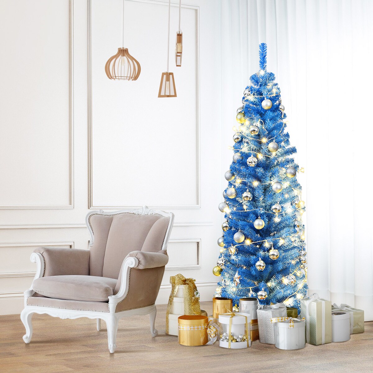 Costway 6FT Tinsel Tree Slim Pencil Christmas Tree Silver Champagne Goldblue