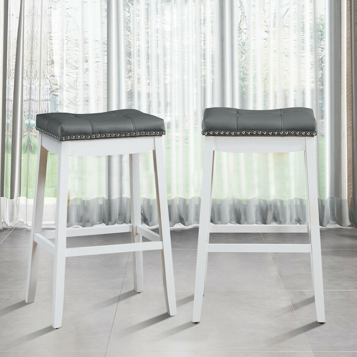 29 Inch Set of 2 Backless Bar Stools with Ergonomic Padded Saddle Seat and Wooden Legs