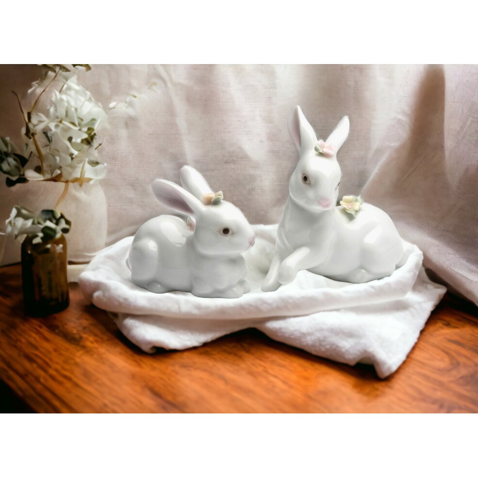 kevinsgiftshoppe Hand Crafted Ceramic Set Of 2 Bunny Rabbits Figurine