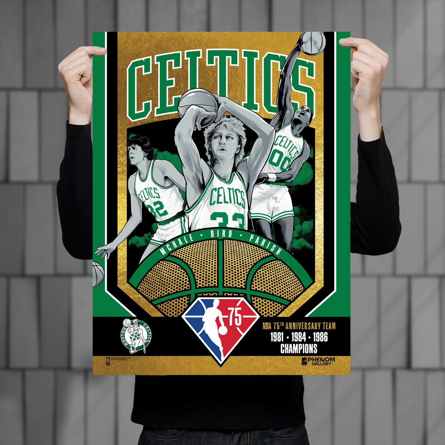 Phenom Gallery Boston Celtics 75th Anniversary 80&#x27;s NBA Champions 18&#x22; x 24&#x22; Gold Foil Serigraph