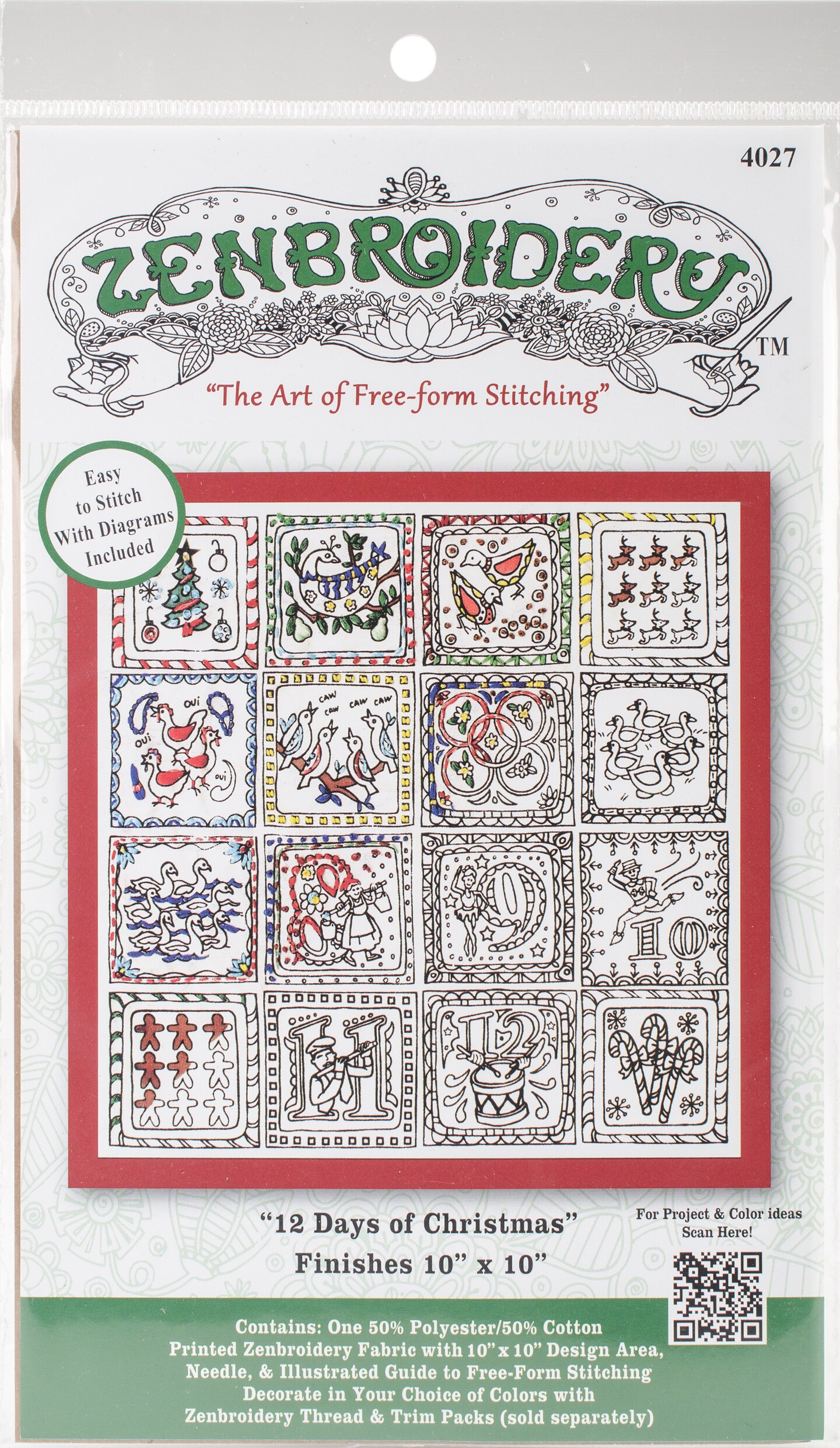 Design Works/Zenbroidery Stamped Embroidery Kit 10&#x22;X10&#x22;-Twelve Days Of Christmas