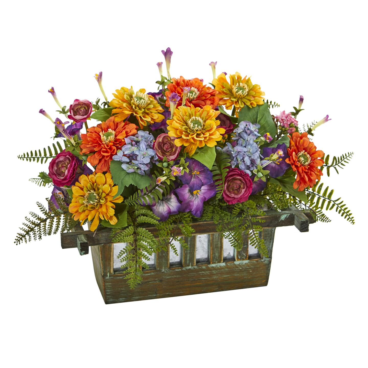 Nearly Natural 20&#x22; Artificial Mixed Floral Arrangement in Rectangular Wood Planter