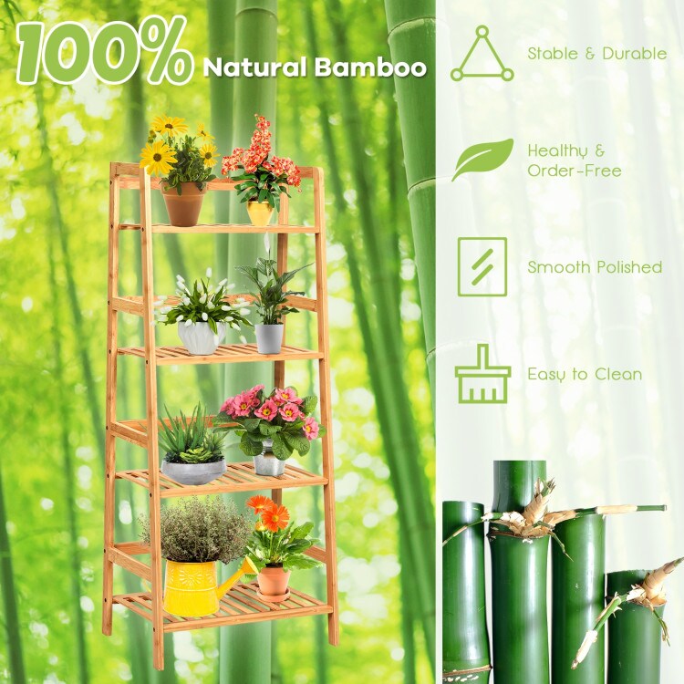 4-Tier Bamboo Plant Rack with Guardrails Stable and Space-Saving