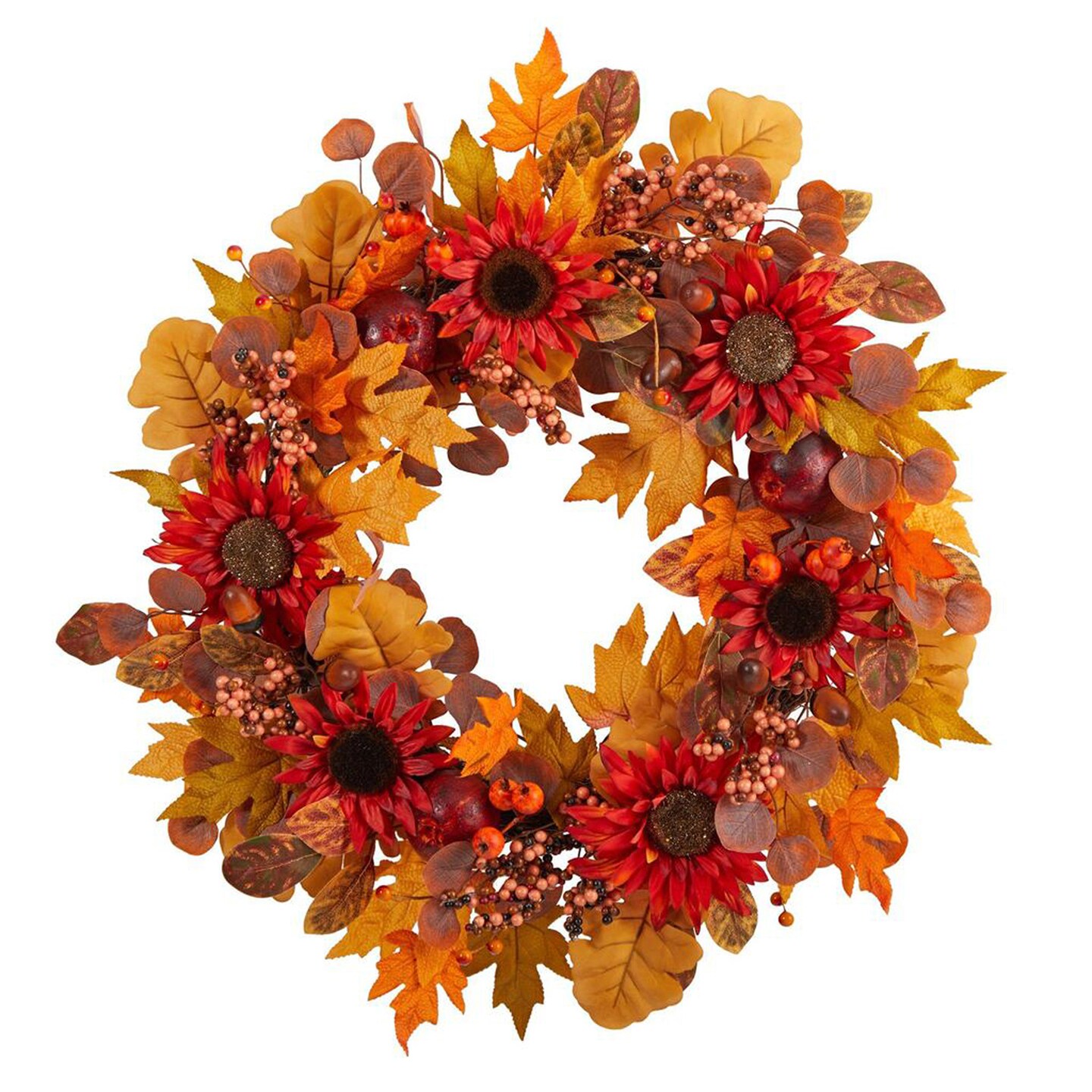 Nearly Natural 30&#x22; Fall Acorn, Sunflower, Berries and Autumn Foliage Artificial Wreath