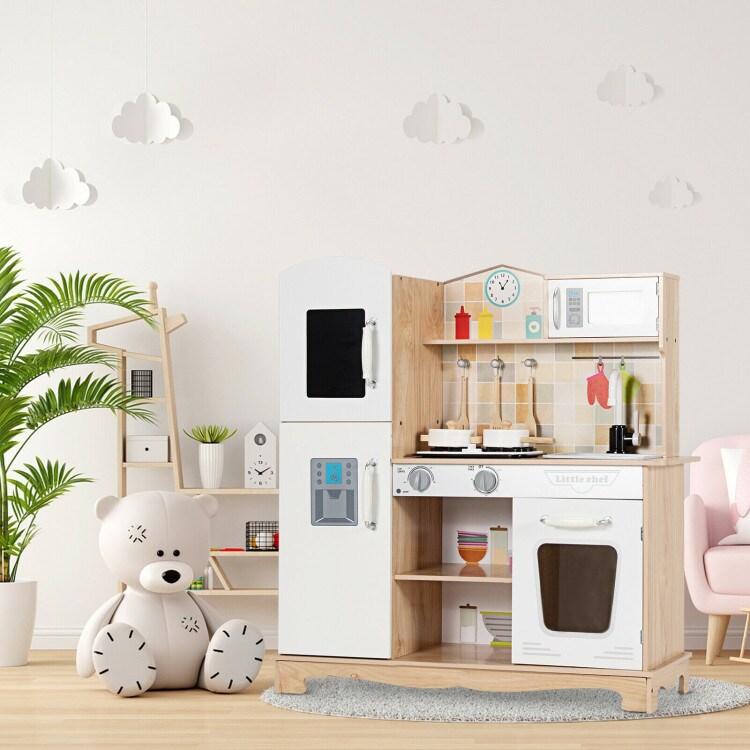 White Natural Kids Kitchen Playset with Stove Oven Sink and Cooking Accessories