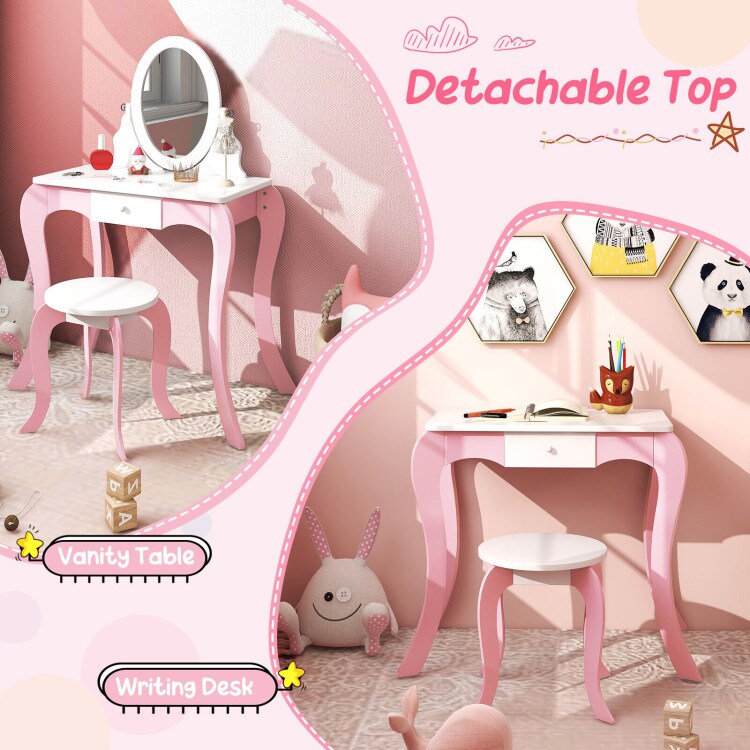 Pretend Kids Vanity Set Makeup Dressing Table with 360&#xB0; Rotatable Mirror