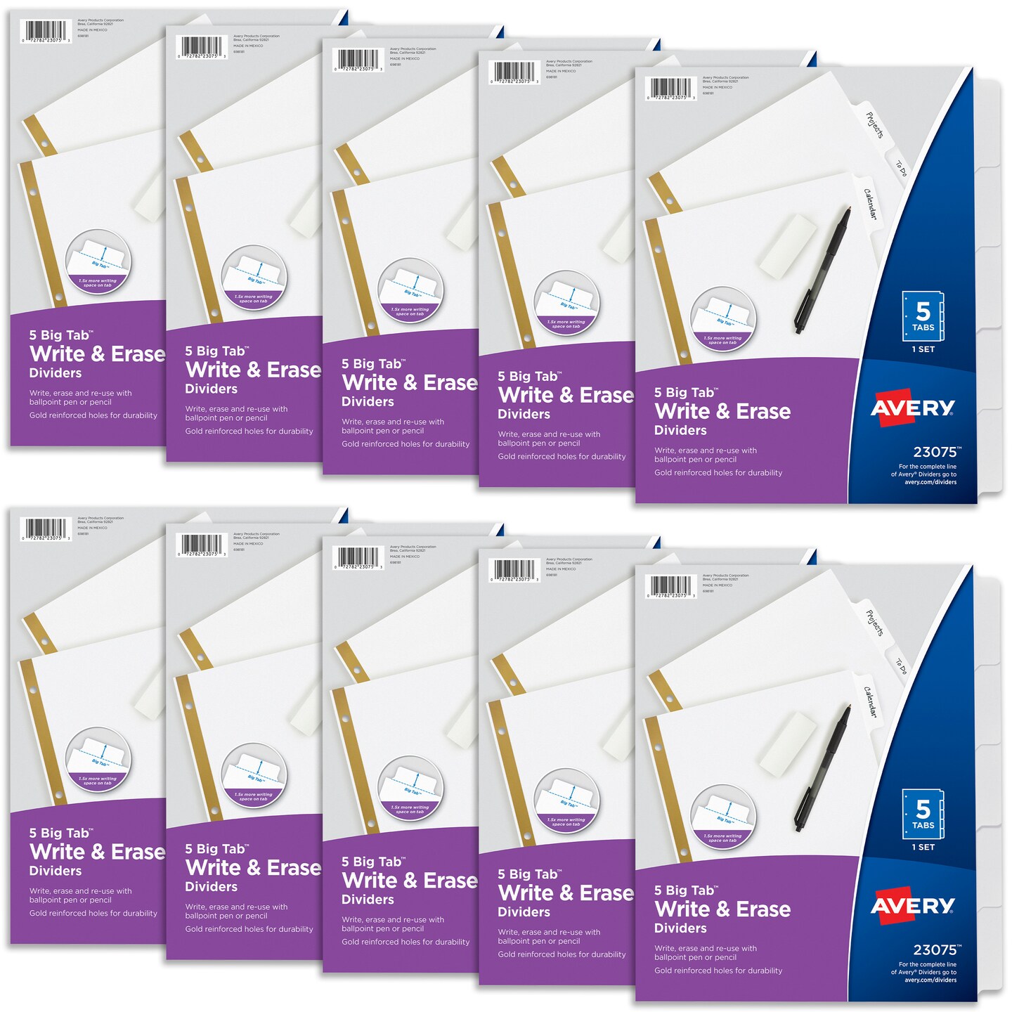 Avery Write & Erase Big Tab Paper Dividers for 3 Ring Binder, White, 5 Tab Set, 10 Packs, 10 Sets Total (23075)