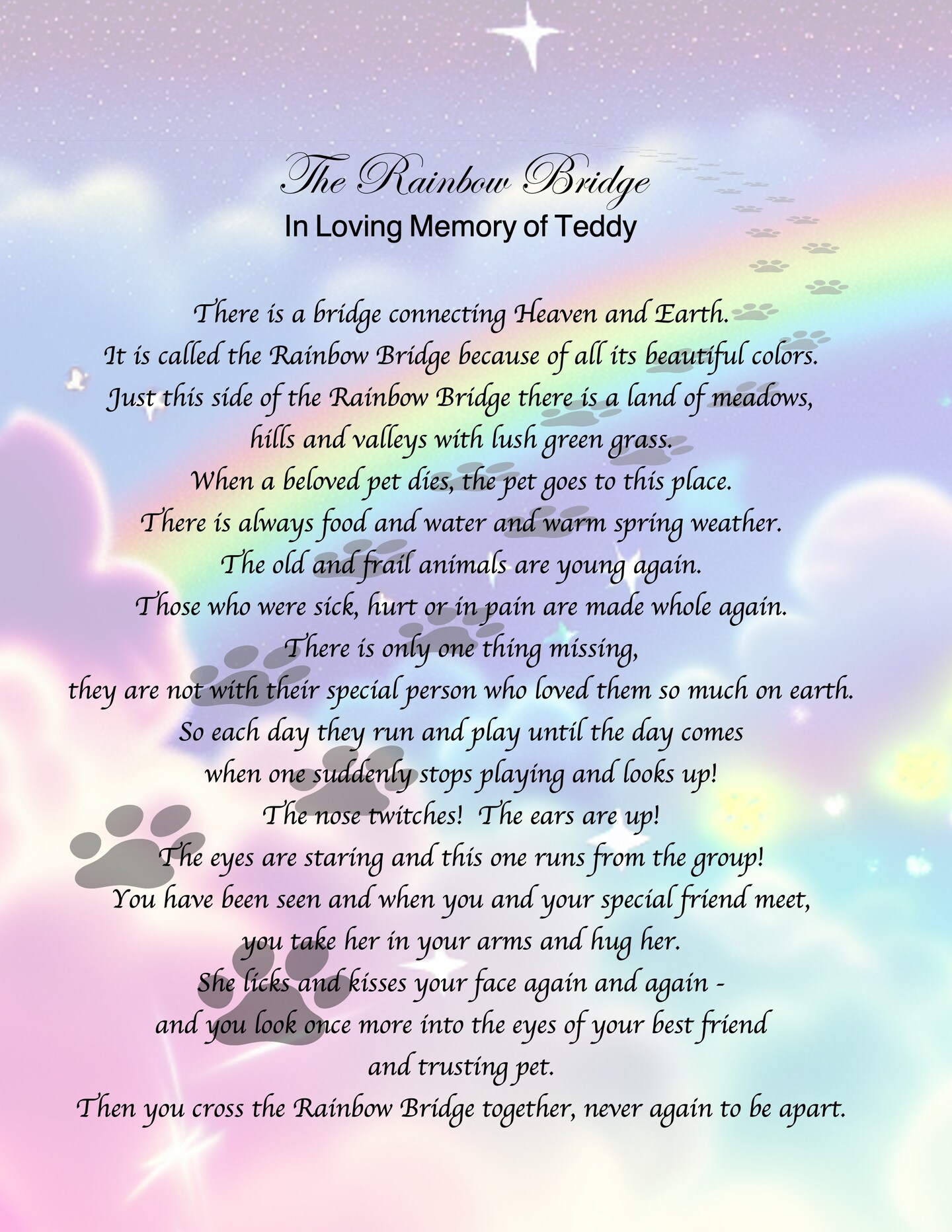 UNFRAMED Pet Memorial Poem RAINBOW BRIDGE Personalized with Your Pet's Name, Art Print Gift Dog, Cat or any pet...UNFRAMED | MakerPlace by Michaels for Free Printable Rainbow Bridge Dog Poem