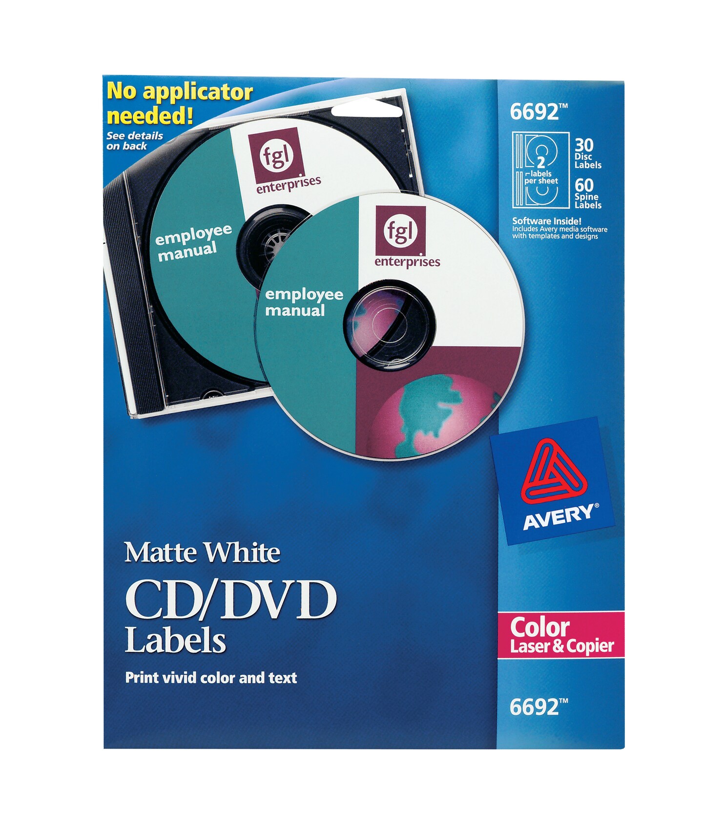 Avery CD/DVD Labels for Color Lasers, 30 Disc Labels &#x26; 60 Spine Labels (6692)