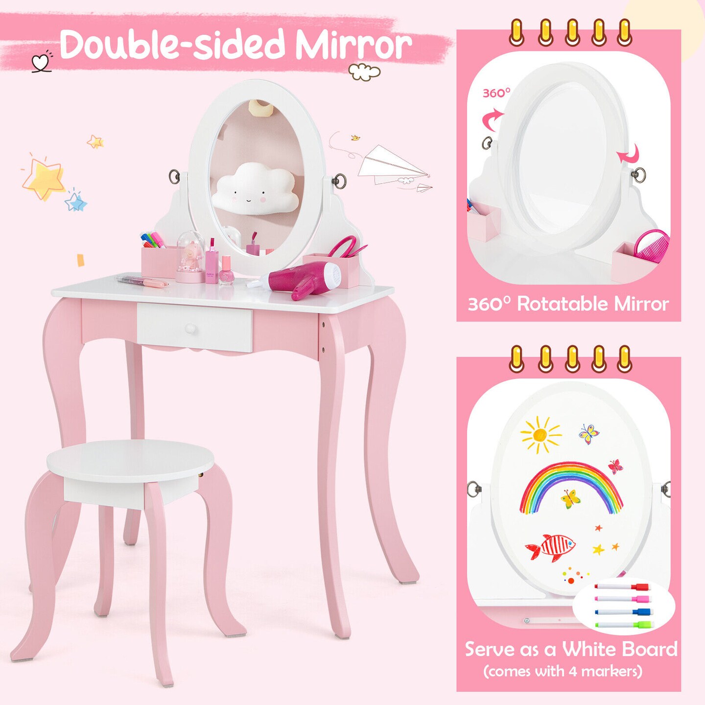 Pretend Kids Vanity Set Makeup Dressing Table with 360&#xB0; Rotatable Mirror