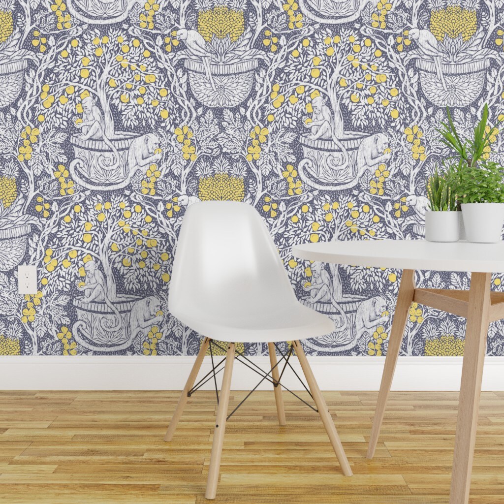 Peel &#x26; Stick Wallpaper 2FT Wide Exotic Damask Tropical Fruit Monkey Parrot Arts And Crafts Lemon Tree Yellow Gray Grey Custom Removable Wallpaper by Spoonflower