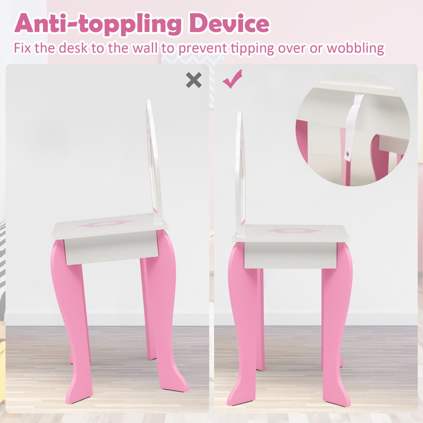 2-in-1 Toddler Vanity Set with Detachable Top and Cute Flower Patterns
