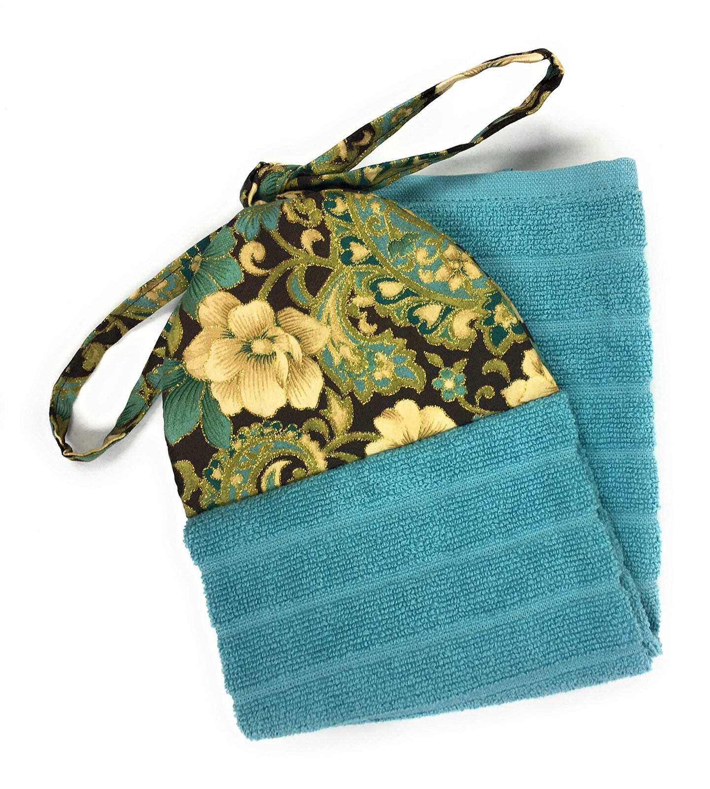 Teal, Brown, Beige Floral Hanging Kitchen Towels, Teal Hand Towels