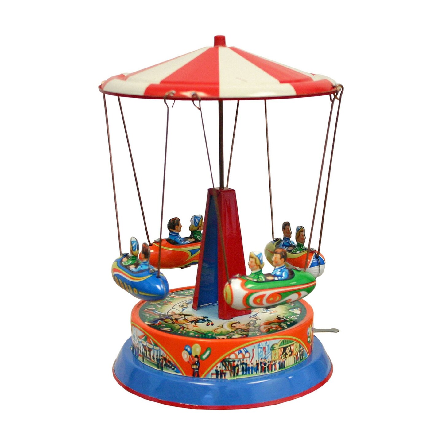 Alexander Taron Holiday Seasonal Decorative German Collectible Tin Toy - Carousel with Rocket Ships On Rods - 7.5"Hx5"Wx5"D