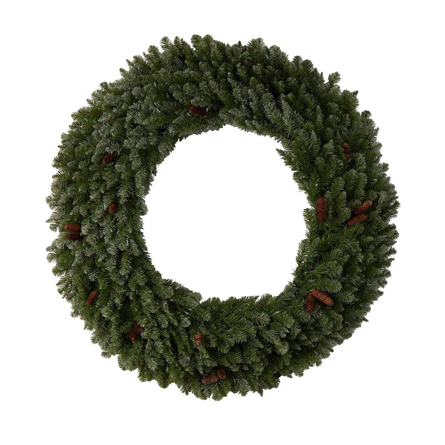 Nearly Natural 5&#x27;D Flocked Artificial Christmas Wreath with Pinecones, 300 Clear LED Lights and 680 Bendable Branches