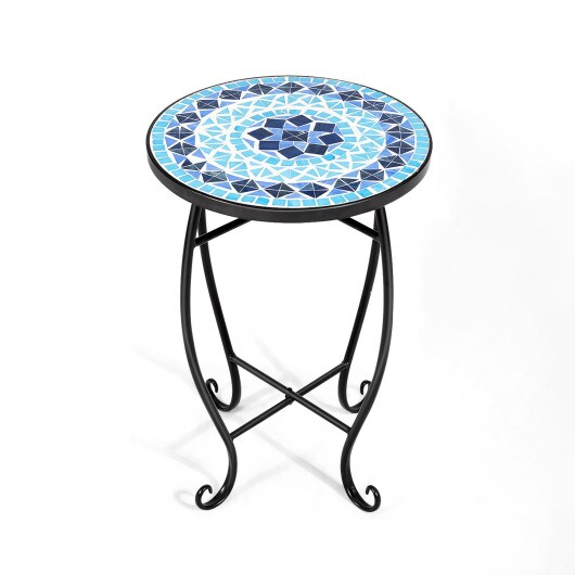Steel Mosaic Round Accent Table for Patio Lawn Garden