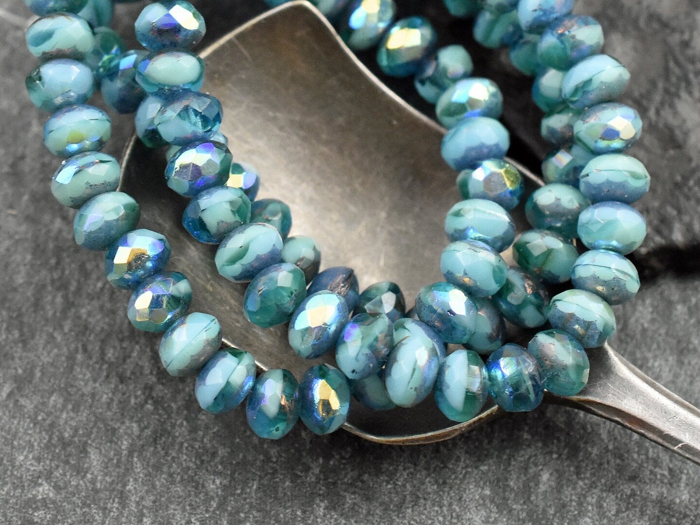 *30* 3x5mm Bronze Washed Blended Pacific Blue Turquoise AB Fire Polished Rondelle Beads