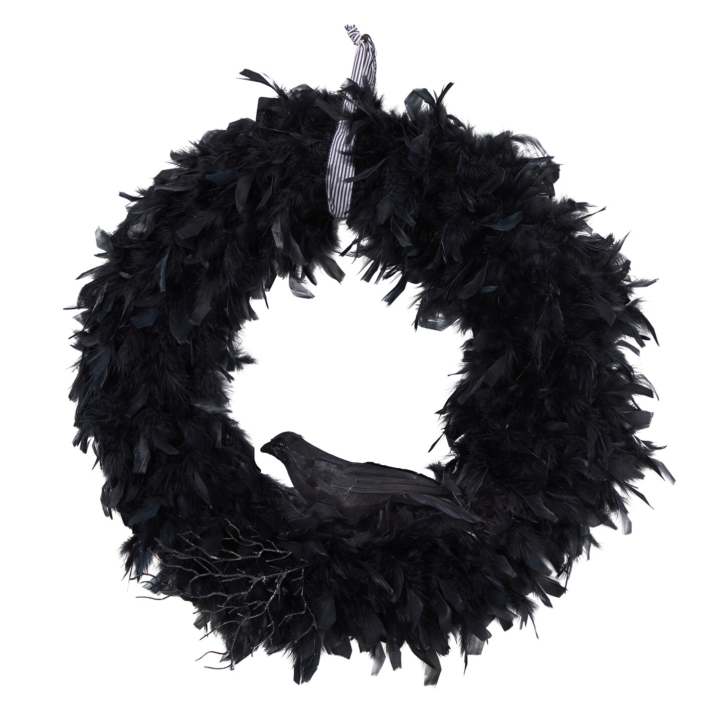 Nearly Natural Black Feather with Decorative Raven Halloween Wreath, 30-Inch, Unlit