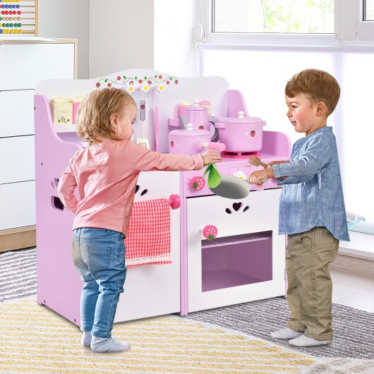 Pink -White Wooden Kids Kitchen Play-set Strawberry Cooking Toy