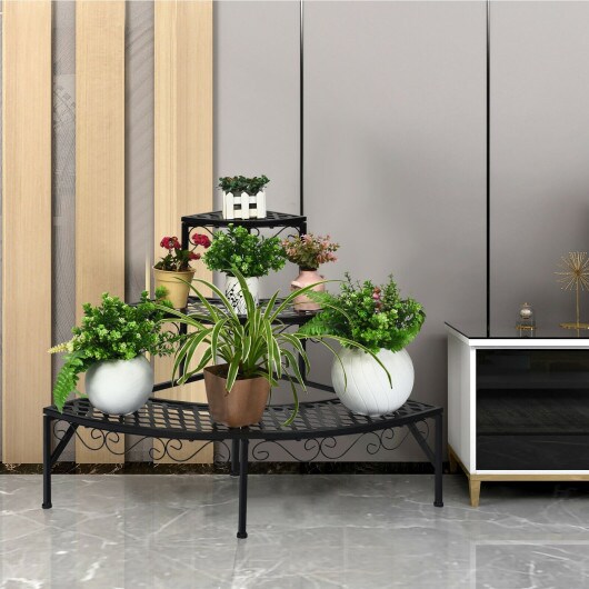 3 Tier Metal Plant Stand Black Fan Shape Flower Rack Sturdy Decorative