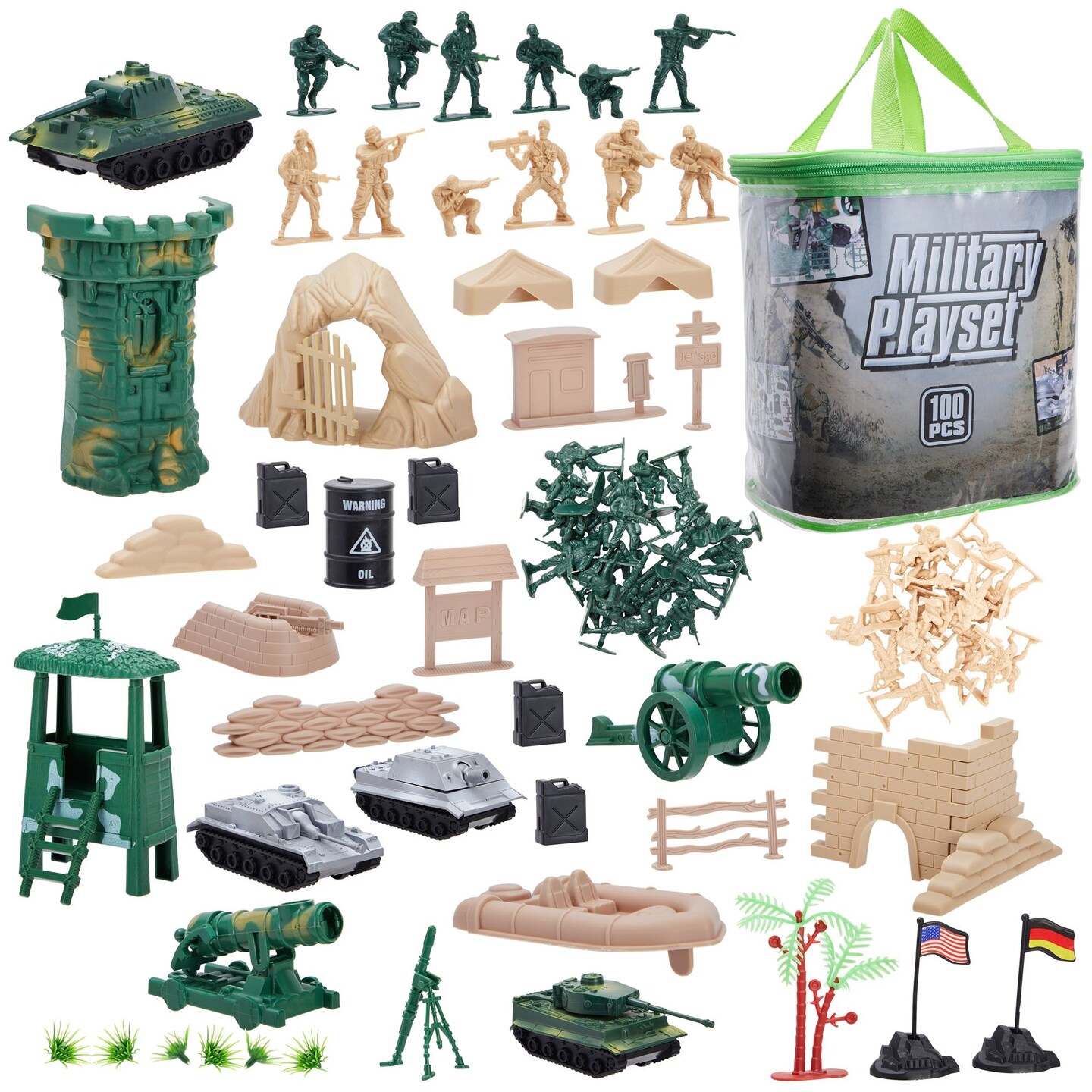 100-Piece Army Men Toy Soldiers Playset for Boys &#x2013; Small Plastic Action Figures, Military Battlefield Fort Accessories, Tanks