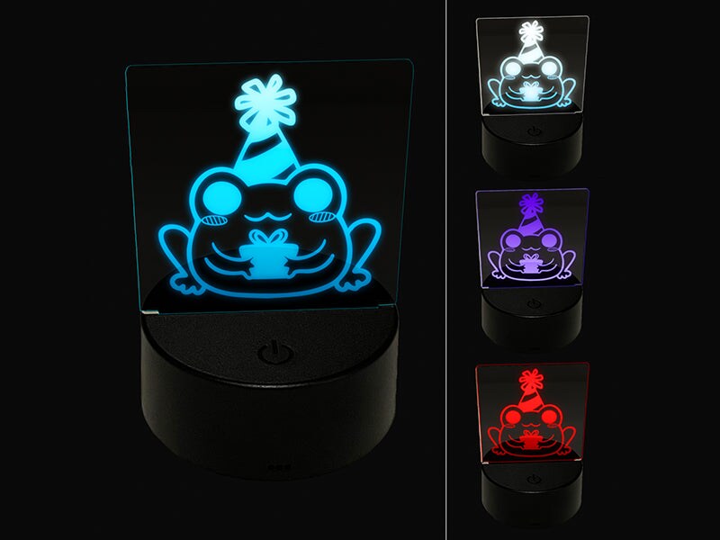 Delightful Kawaii Chibi Birthday Frog Toad Holding Gift 3D Illusion LED Night Light Sign Nightstand Desk Lamp