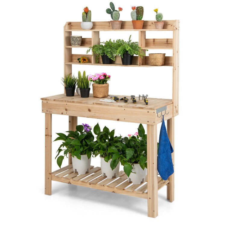 Wooden Garden Potting Table with Display Shelf and Built-In Sink