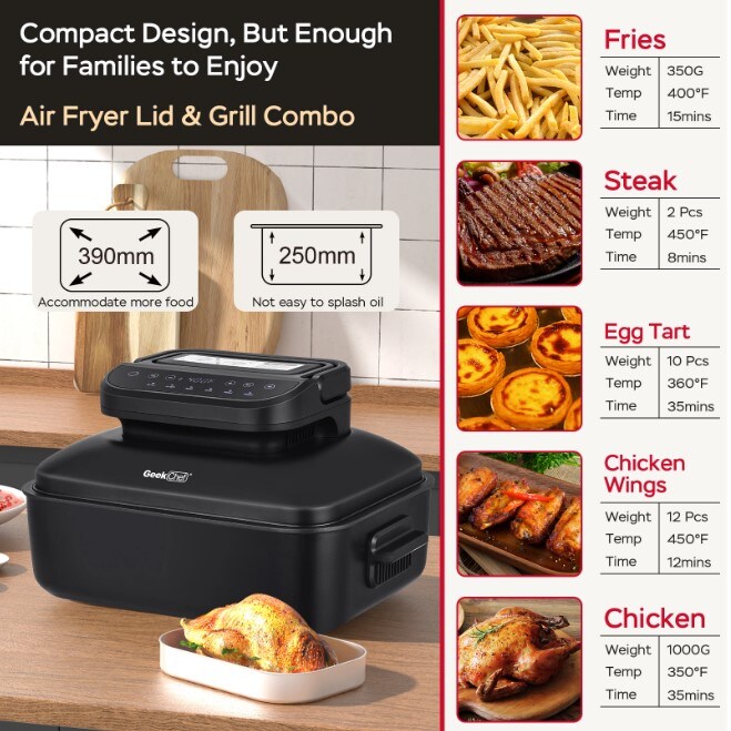 Geek Chef 7 In 1 Smokeless Portable Electric Indoor Tabletop Grill with Air Fry, Roast and Baking - 6-Servings