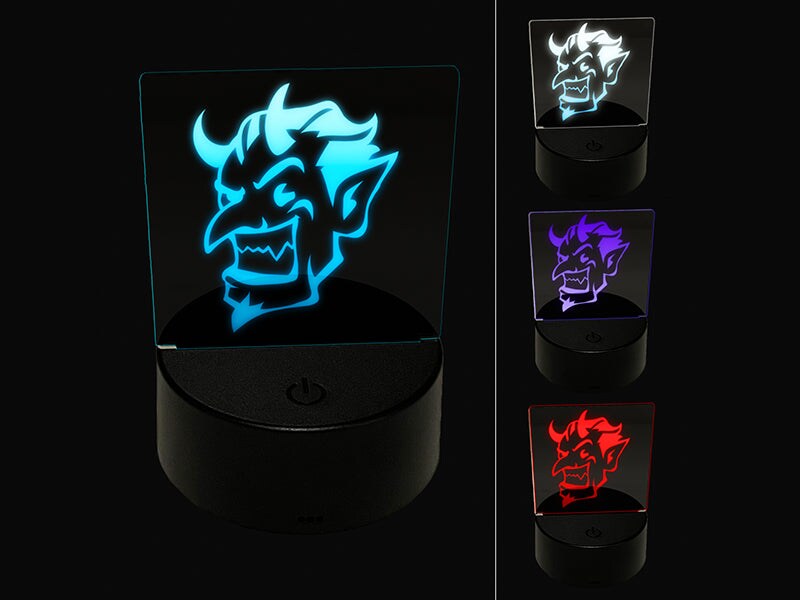 Impish Smiling Devil Demon with Horns 3D Illusion LED Night Light Sign Nightstand Desk Lamp