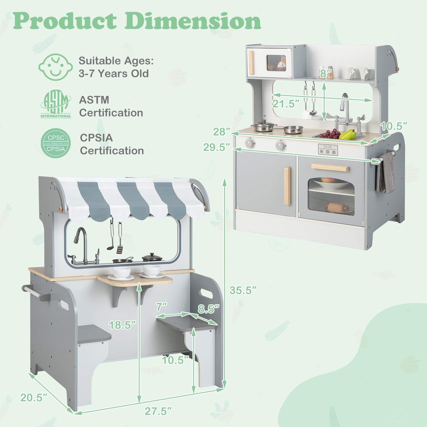 Grey Kids Play Kitchen with 2-Seat Cafe and Double Sided Design