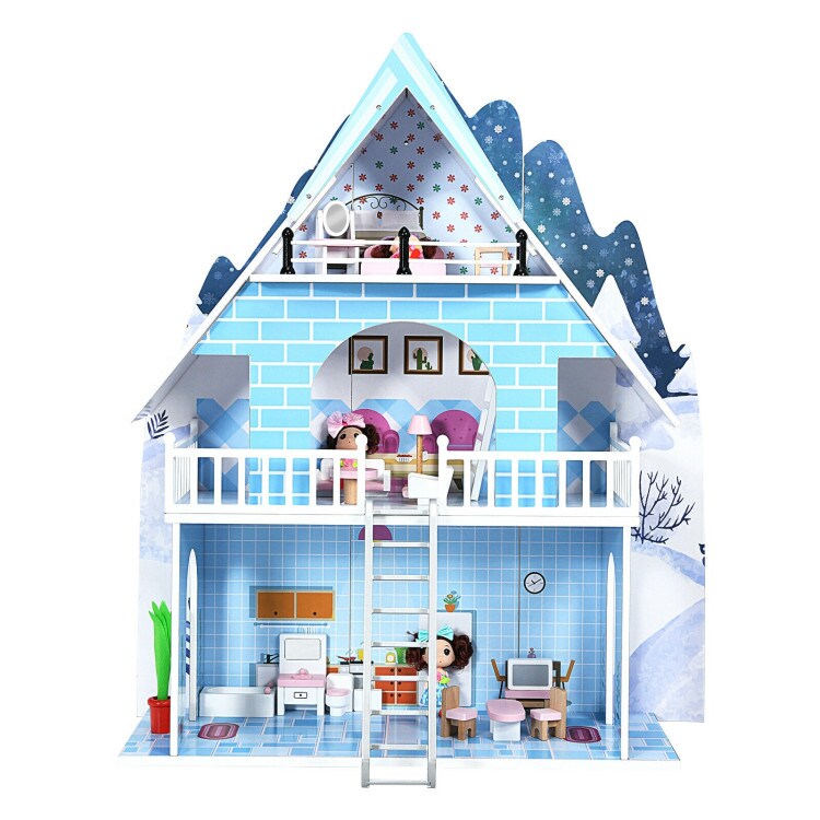 Wooden Dollhouse 3-Story Pretend Playset with Furniture and Doll Gift
