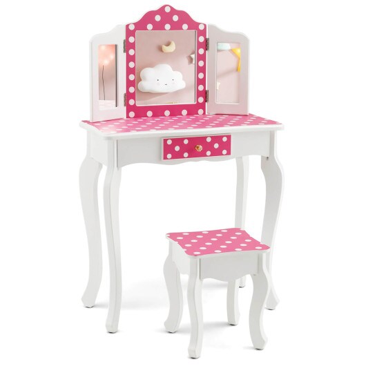 Kids Vanity Table and Stool Set with Cute Polka Dot Print-Pink